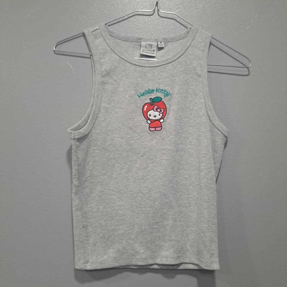 Aeropostale Hello Kitty Apple Embroidered Ribbed Tank Top Grey‎ Kids Medium